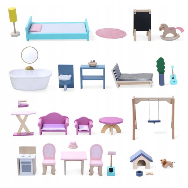 Grande Casa delle Bambole in Legno 138 cm con 28 Mobili Colorati per Bambini