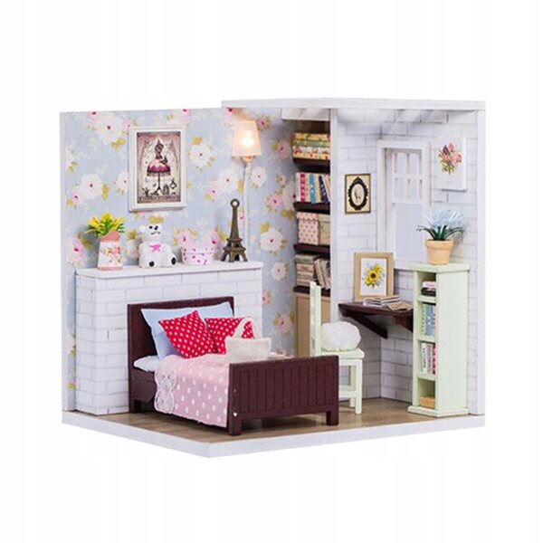 Bausatz Holzpuppenhaus Miniatur 1:24 Schlafzimmer mit Möbeln