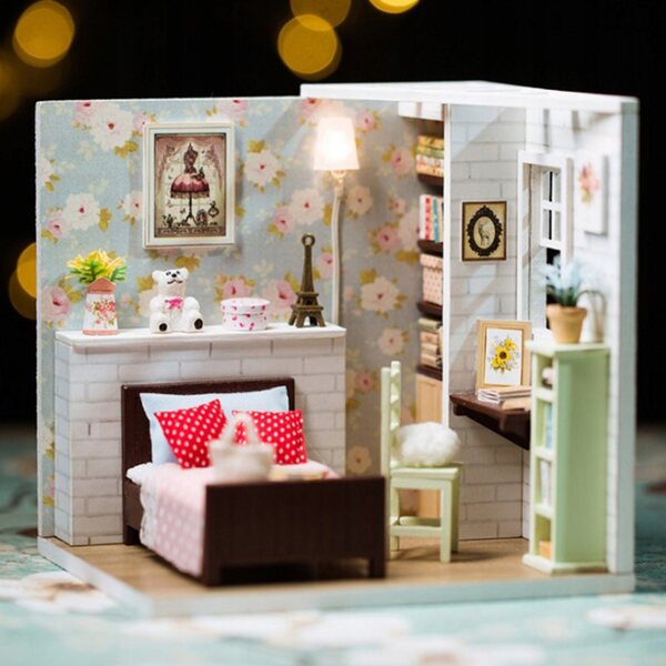 Bausatz Holzpuppenhaus Miniatur 1:24 Schlafzimmer mit Möbeln