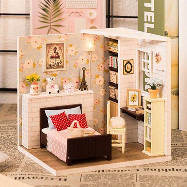 Bausatz Holzpuppenhaus Miniatur 1:24 Schlafzimmer mit Möbeln
