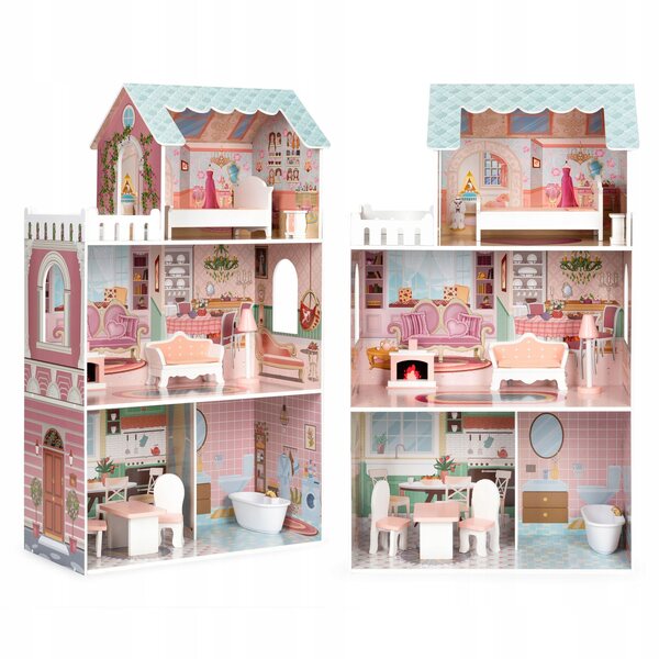 Ecotoys 106 cm großes Puppenhaus mit Möbelset, 3 Ebenen, 5 Räume