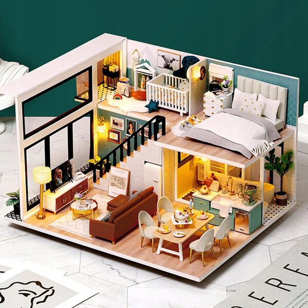 Casa delle bambole in miniatura fai da te 1:12 con mobili, set in legno da montare