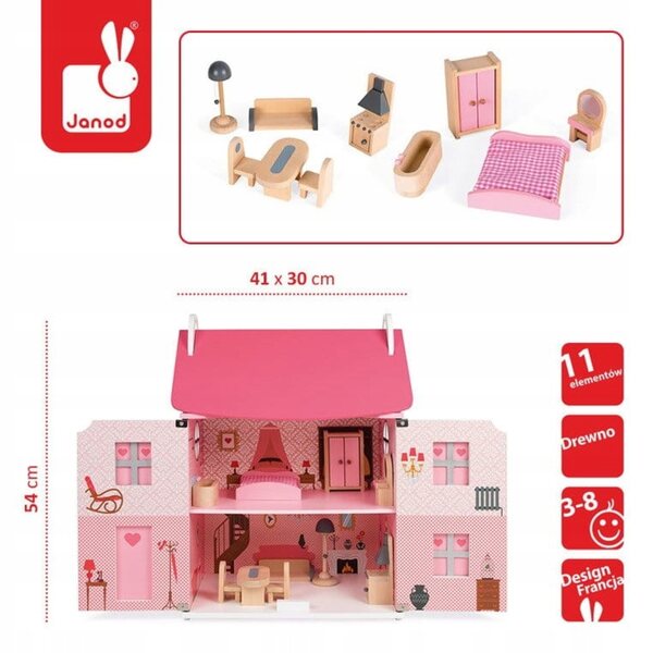 Casa delle bambole in legno Janod con mobili 54 cm, rosa per ragazze