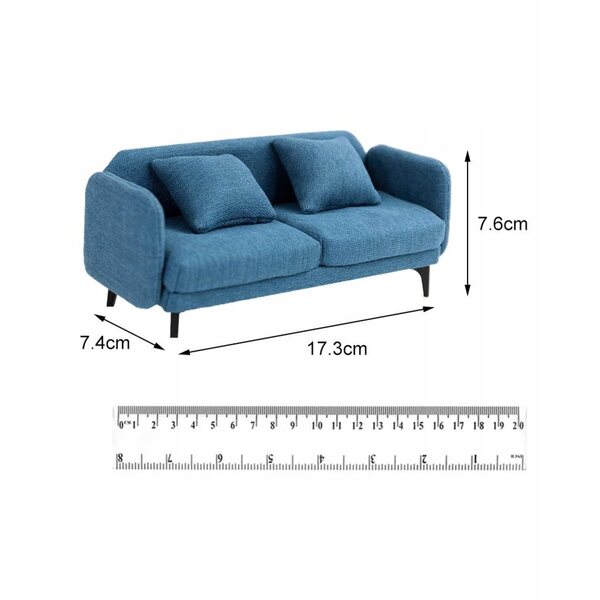 Blaues Miniatur-Doppelsitzersofa für Puppenhaus im Maßstab 1:12