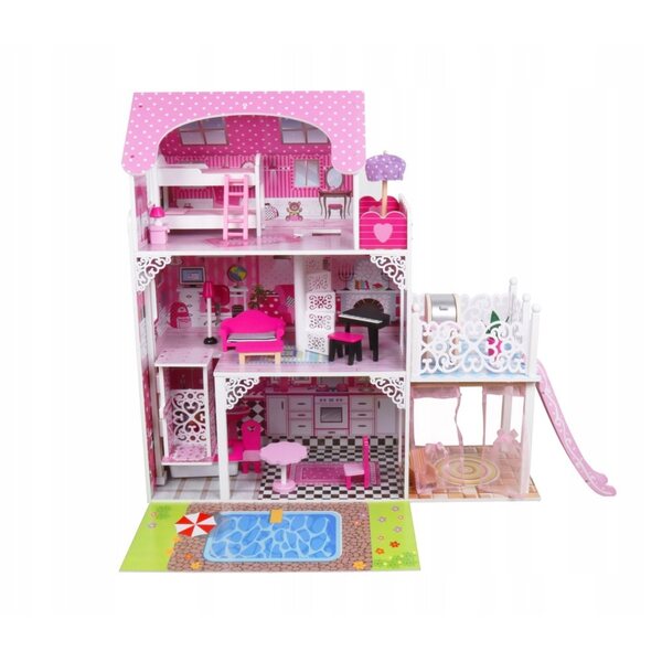 Casa delle bambole in legno 90 cm con LED e rosa completamente attrezzata