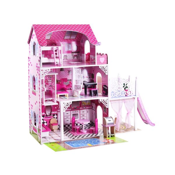 Casa delle bambole in legno 90 cm con LED e rosa completamente attrezzata