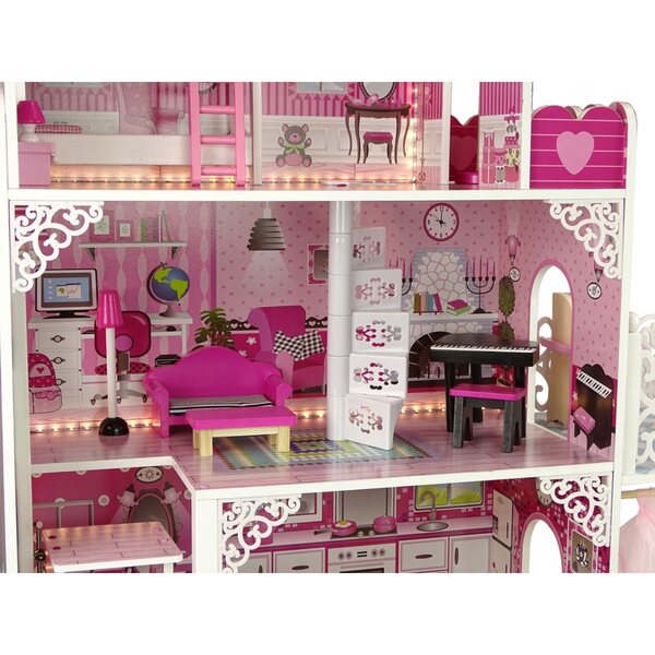 Casa delle bambole in legno 90 cm con LED e rosa completamente attrezzata