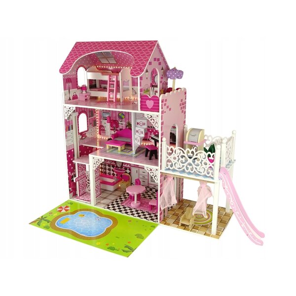 Casa delle bambole in legno 90 cm con LED e rosa completamente attrezzata