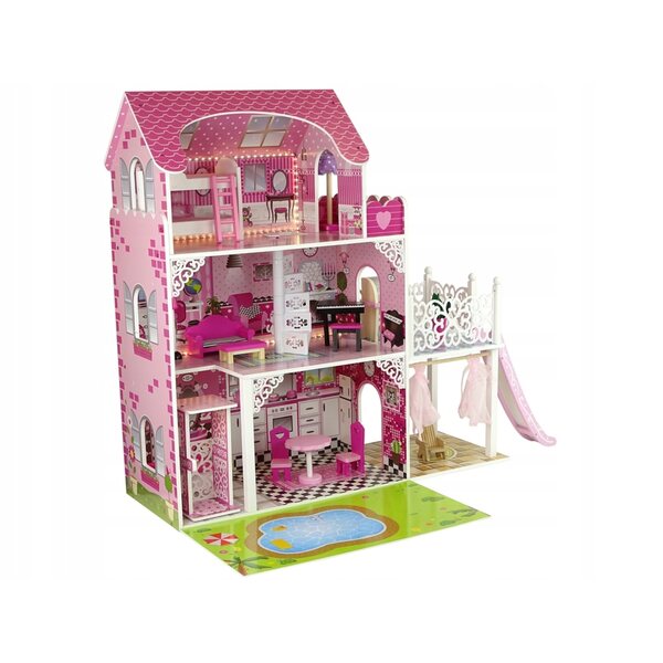 Casa delle bambole in legno 90 cm con LED e rosa completamente attrezzata