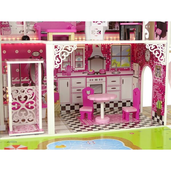 Casa delle bambole in legno 90 cm con LED e rosa completamente attrezzata