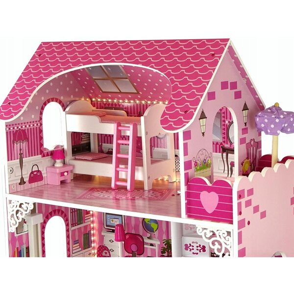 Casa delle bambole in legno 90 cm con LED e rosa completamente attrezzata