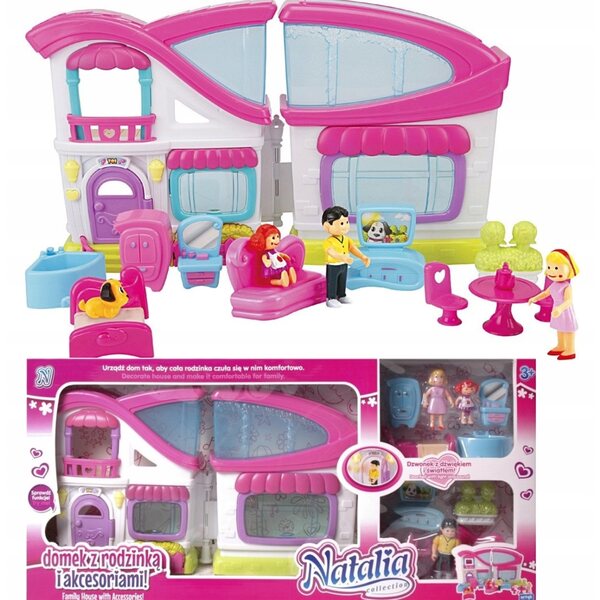 Natalia: Großes Puppenhaus mit Familie, Möbeln und Lichtern 26 cm
