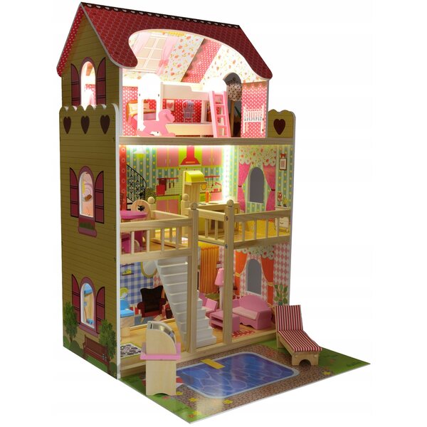 Funfit Kids Eco 90 cm großes Puppenhaus mit Möbeln und LED-Beleuchtung