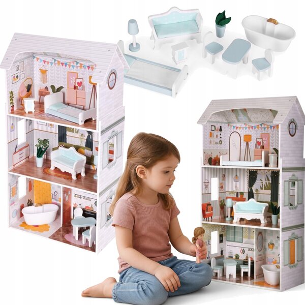 Casa delle bambole in legno, 3 livelli con mobili, 4 stanze, MDF 96 cm