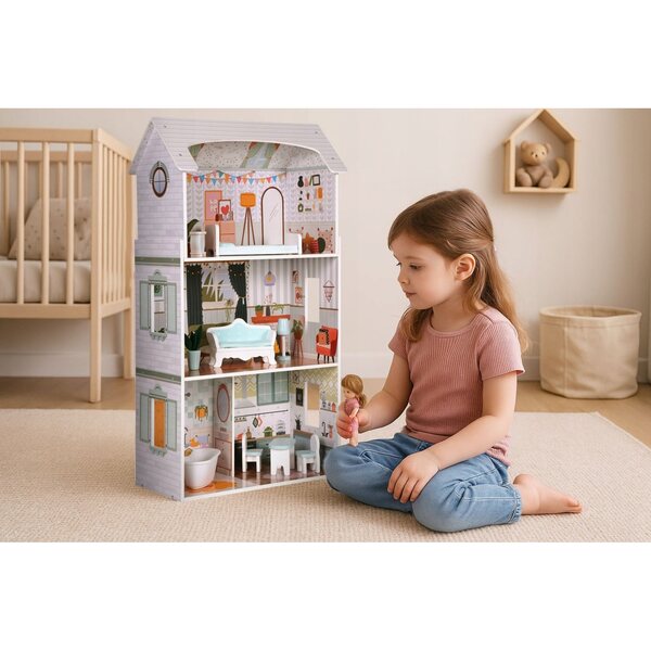 Casa delle bambole in legno, 3 livelli con mobili, 4 stanze, MDF 96 cm