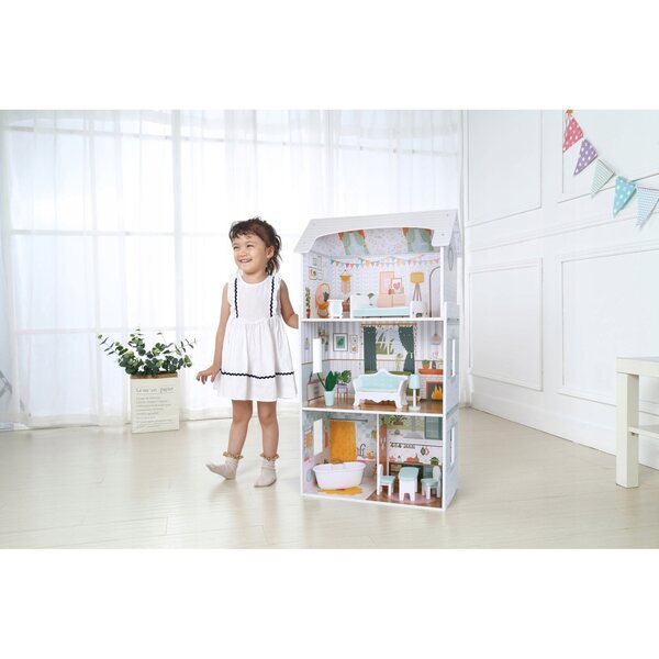 Casa delle bambole in legno, 3 livelli con mobili, 4 stanze, MDF 96 cm