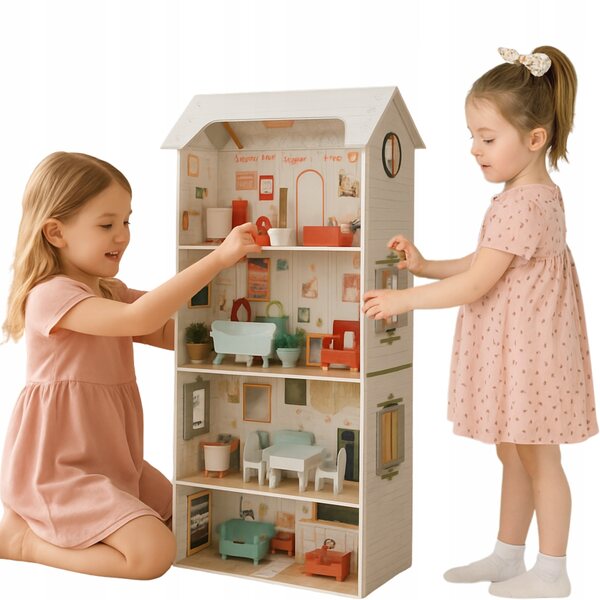 Grande casa delle bambole in legno 96 cm con 3 piani, 4 stanze e mobili inclusi
