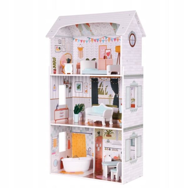 Grande casa delle bambole in legno 96 cm con 3 piani, 4 stanze e mobili inclusi
