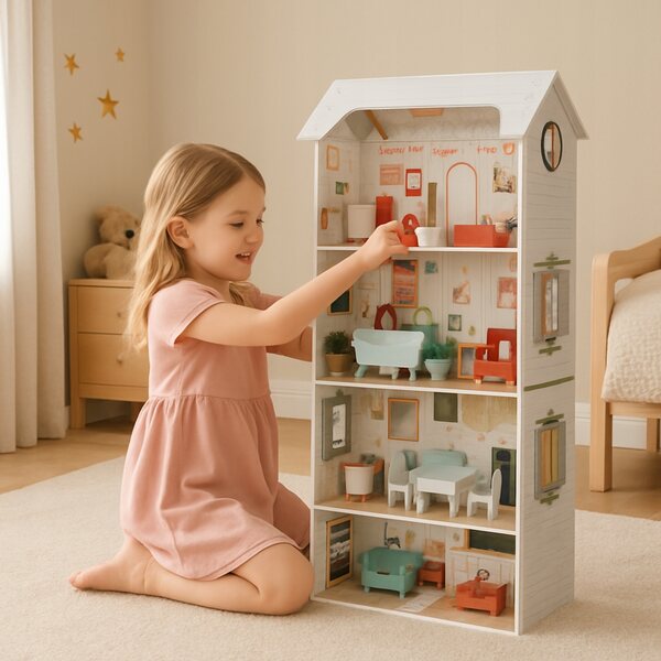 Grande casa delle bambole in legno 96 cm con 3 piani, 4 stanze e mobili inclusi