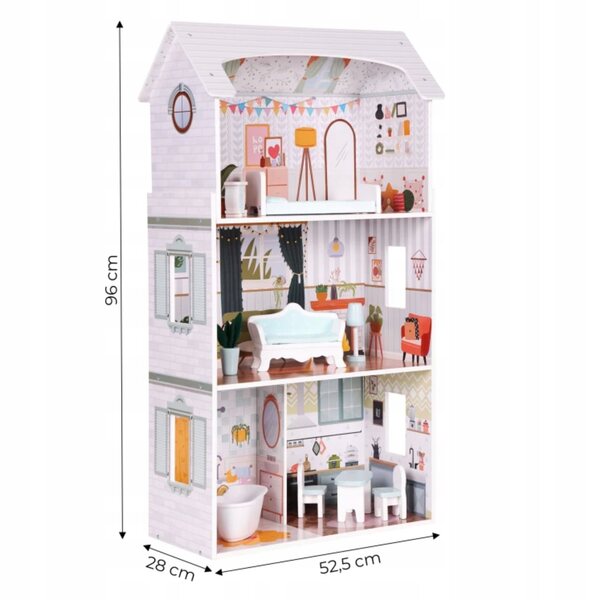 Grande casa delle bambole in legno 96 cm con 3 piani, 4 stanze e mobili inclusi