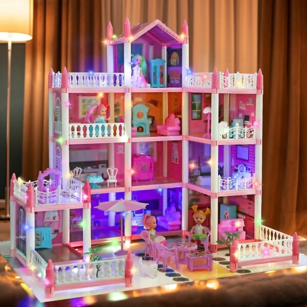 Grande casa delle bambole con LED, mobili colorati e interni personalizzabili