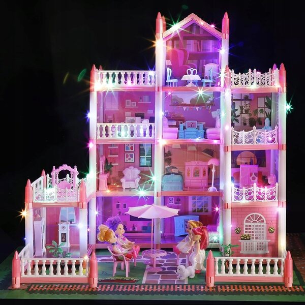 Grande casa delle bambole con LED, mobili colorati e interni personalizzabili