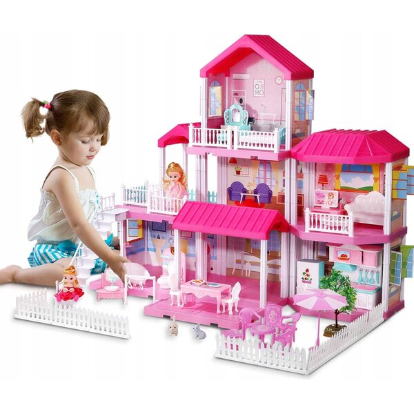 Grande casa delle bambole 3 in 1 con mobili, 2 bambole e accessori colorati
