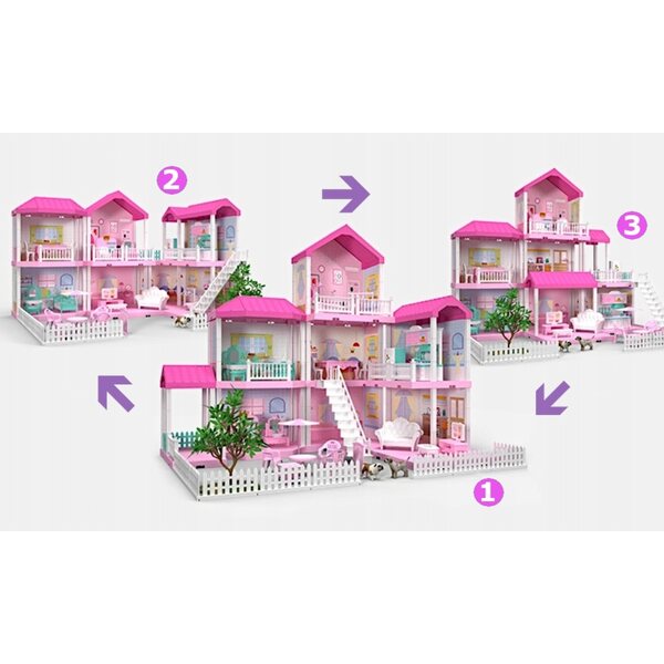 Grande casa delle bambole 3 in 1 con mobili, 2 bambole e accessori colorati