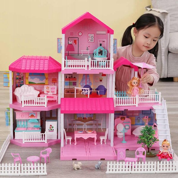 Grande casa delle bambole 3 in 1 con mobili, 2 bambole e accessori colorati