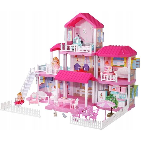 Grande casa delle bambole 3 in 1 con mobili, 2 bambole e accessori colorati