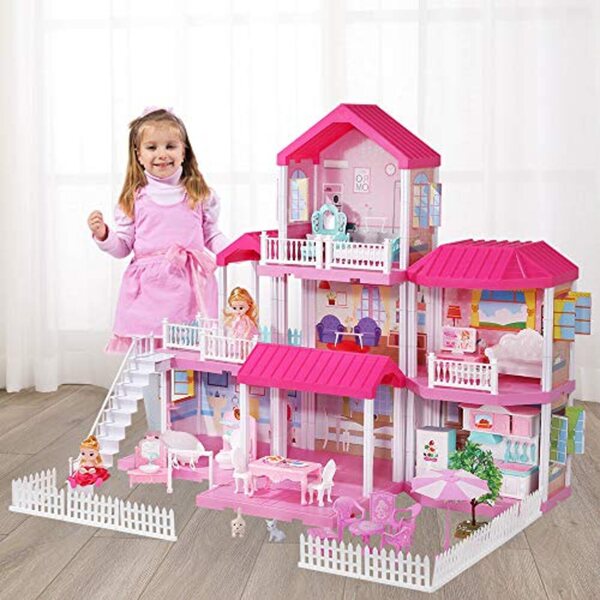 Grande casa delle bambole 3 in 1 con mobili, 2 bambole e accessori colorati