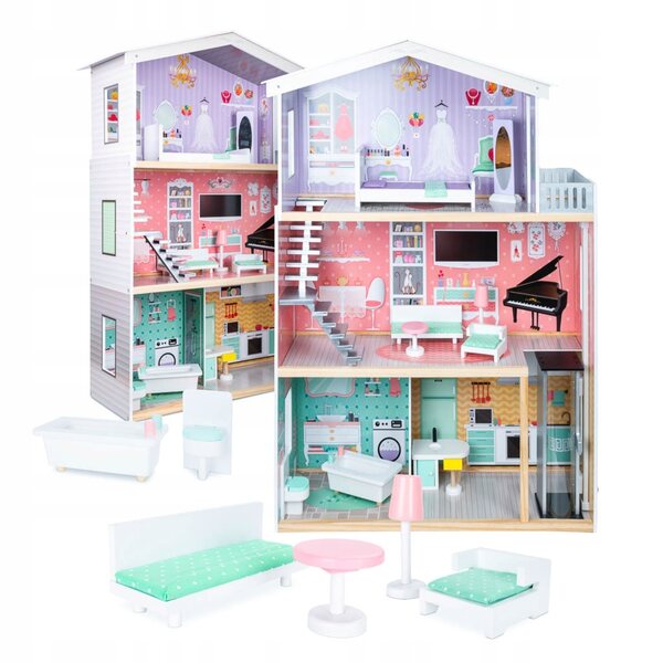 Dollhouse in legno con 4 piani, mobili e dettagli pastello 117 cm per bambini