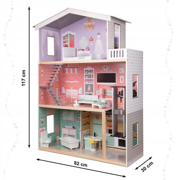 Dollhouse in legno con 4 piani, mobili e dettagli pastello 117 cm per bambini