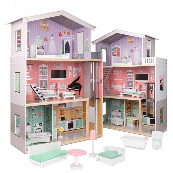 Dollhouse in legno con 4 piani, mobili e dettagli pastello 117 cm per bambini