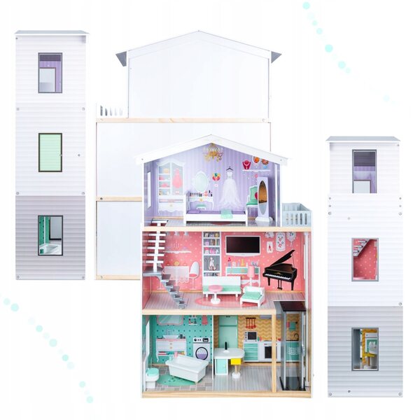 Dollhouse in legno con 4 piani, mobili e dettagli pastello 117 cm per bambini