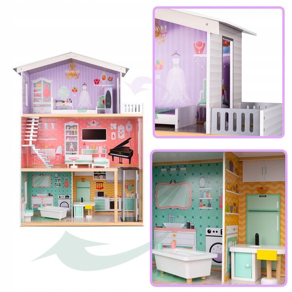 Dollhouse in legno con 4 piani, mobili e dettagli pastello 117 cm per bambini