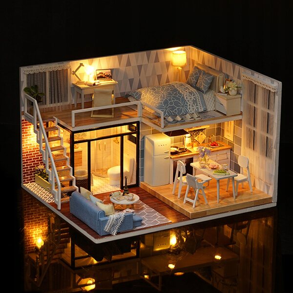 DIY Puppenhaus aus Holz mit LED-Lichtern, realistische Miniatur für Kinder ab 8 Jahren