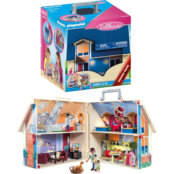 Ein faltbares Puppenhaus mit Möbeln und Figuren – ein tragbares Spielset