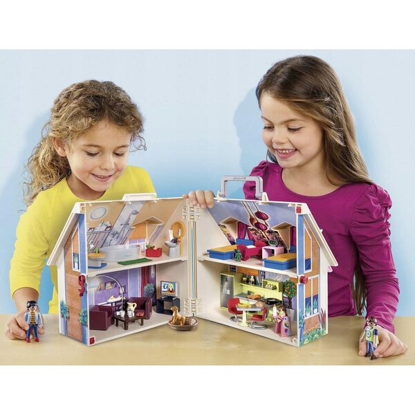 Ein faltbares Puppenhaus mit Möbeln und Figuren – ein tragbares Spielset