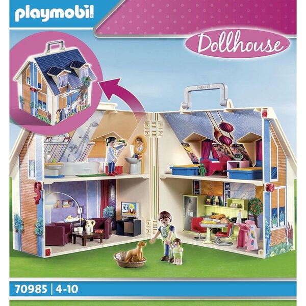 Ein faltbares Puppenhaus mit Möbeln und Figuren – ein tragbares Spielset