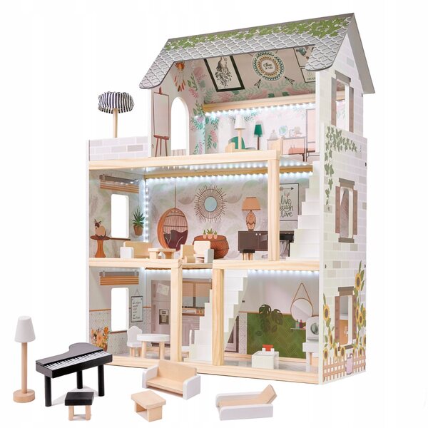 Dollhouse XXL in Legno con LED Stile Boho e Accessori Completi per Bambini