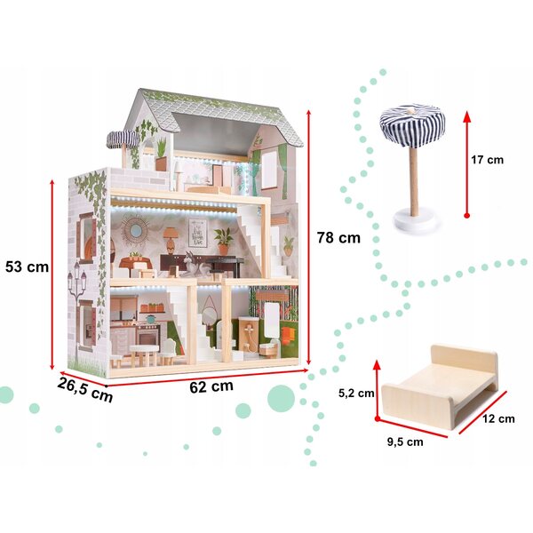 Dollhouse XXL in Legno con LED Stile Boho e Accessori Completi per Bambini