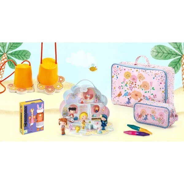DJECO Sunny&Mia Puppenhaus – Koffer 25x18x9 cm, Set mit Figuren