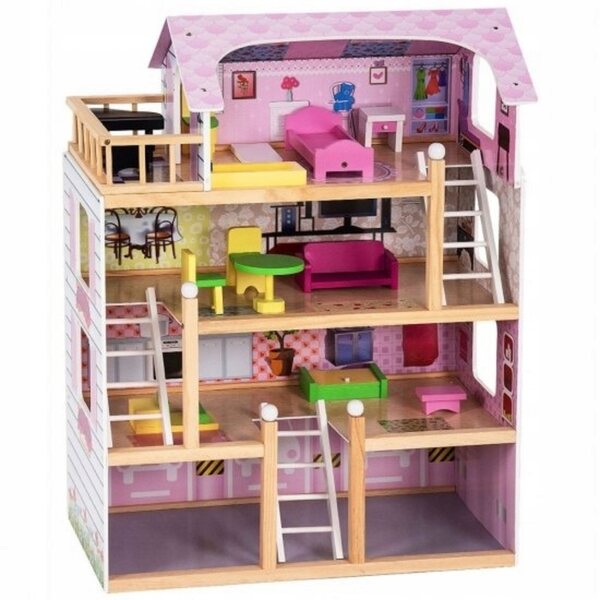 Costway 81 cm großes Puppenhaus aus Holz mit Balkon und Möbeln, 4 Etagen