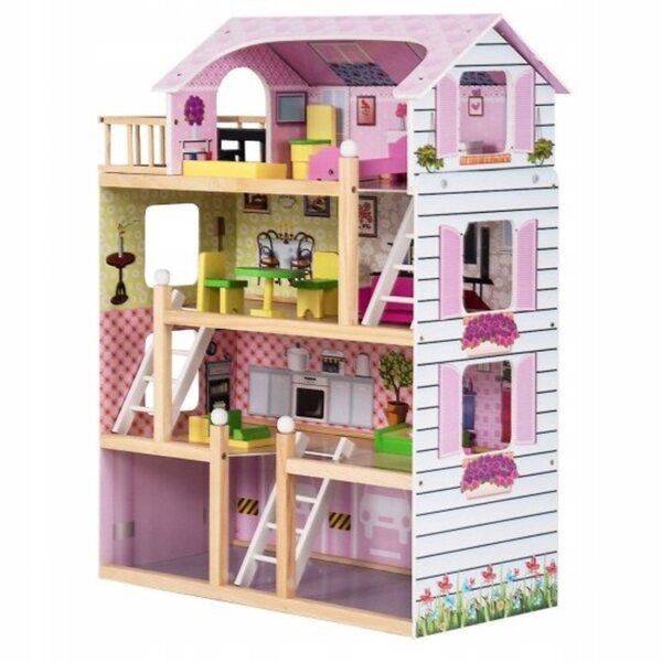 Costway 81 cm großes Puppenhaus aus Holz mit Balkon und Möbeln, 4 Etagen