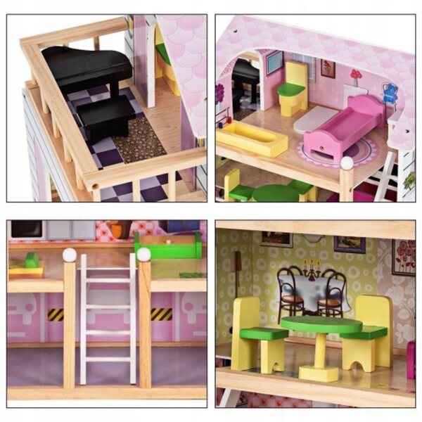 Costway 81 cm großes Puppenhaus aus Holz mit Balkon und Möbeln, 4 Etagen