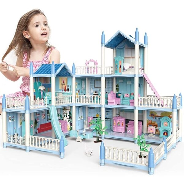 DeAO 3D blaues Puppenhaus, drei Etagen mit Möbeln für Kinder ab 3 Jahren