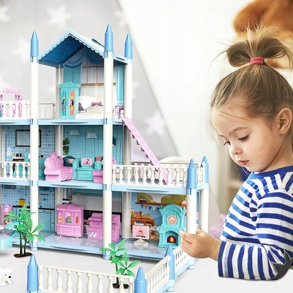 DeAO 3D blaues Puppenhaus, drei Etagen mit Möbeln für Kinder ab 3 Jahren