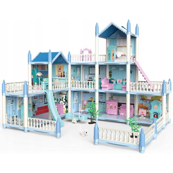 DeAO 3D blaues Puppenhaus, drei Etagen mit Möbeln für Kinder ab 3 Jahren