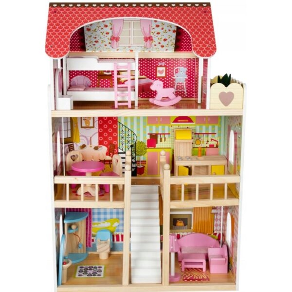 Grande Casa delle Bambole in Legno con Cucina, Bagno, Scale, Balcone e Luci LED XXL